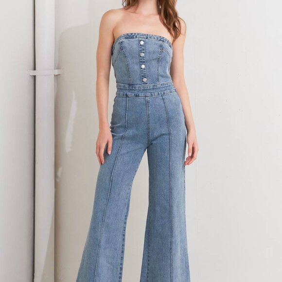 Washed Denim Jumpsuit - Picture 1 of 8